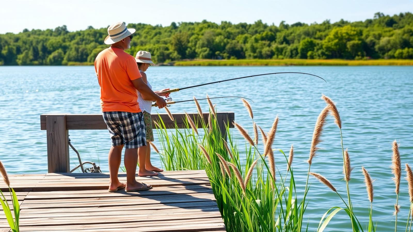 Group of anglers together on a wooden jetty on a sunny day