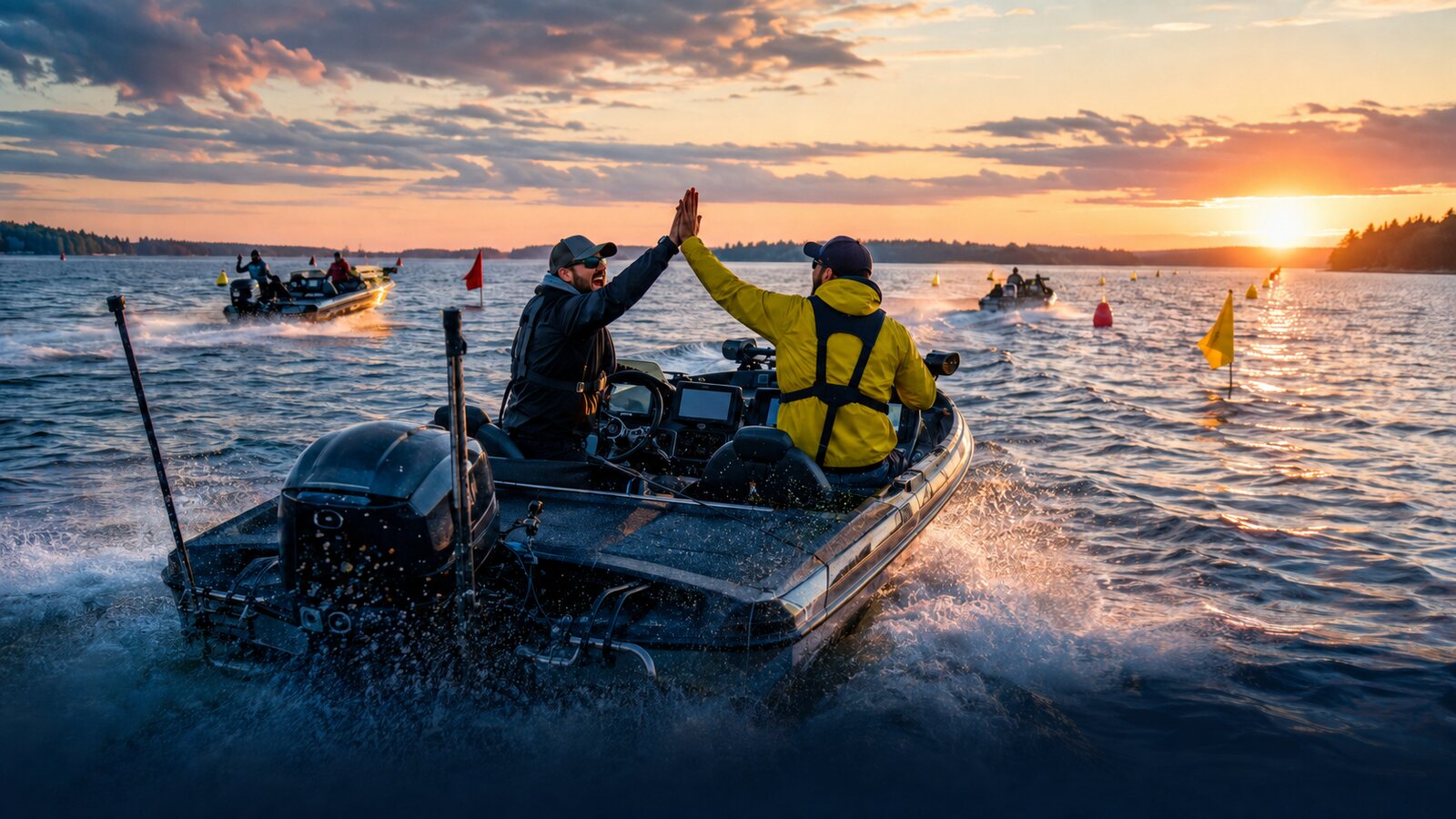 Fishing competition boats crossing a Nordic lake as teammates celebrate