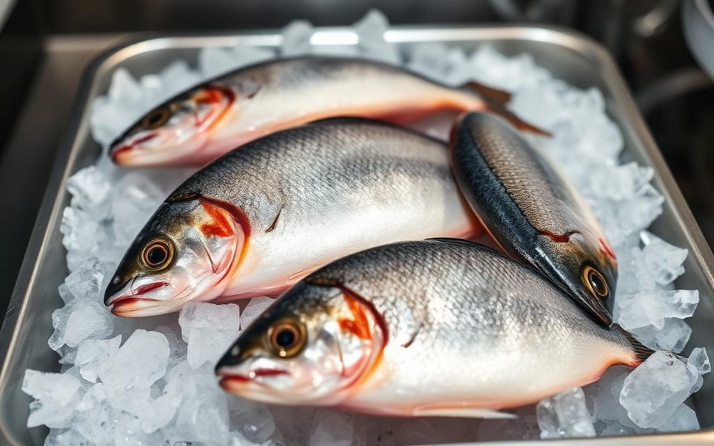 Fresh whole fish resting on crushed ice, ready to be cleaned
