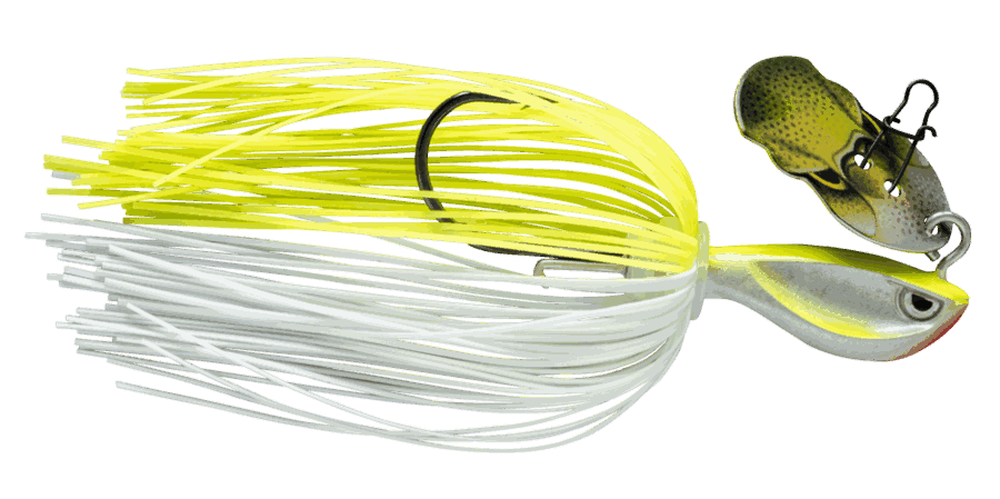 Rapala Rap-V Pike bladed jig with chartreuse and white silicone skirt