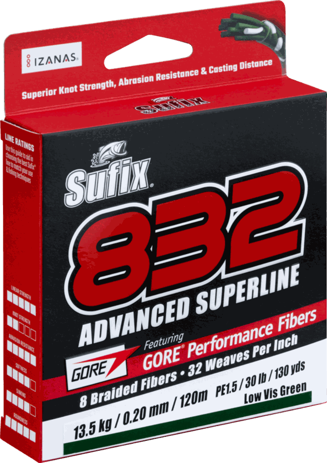 Sufix 832 Advanced Superline braided line spool in retail packaging