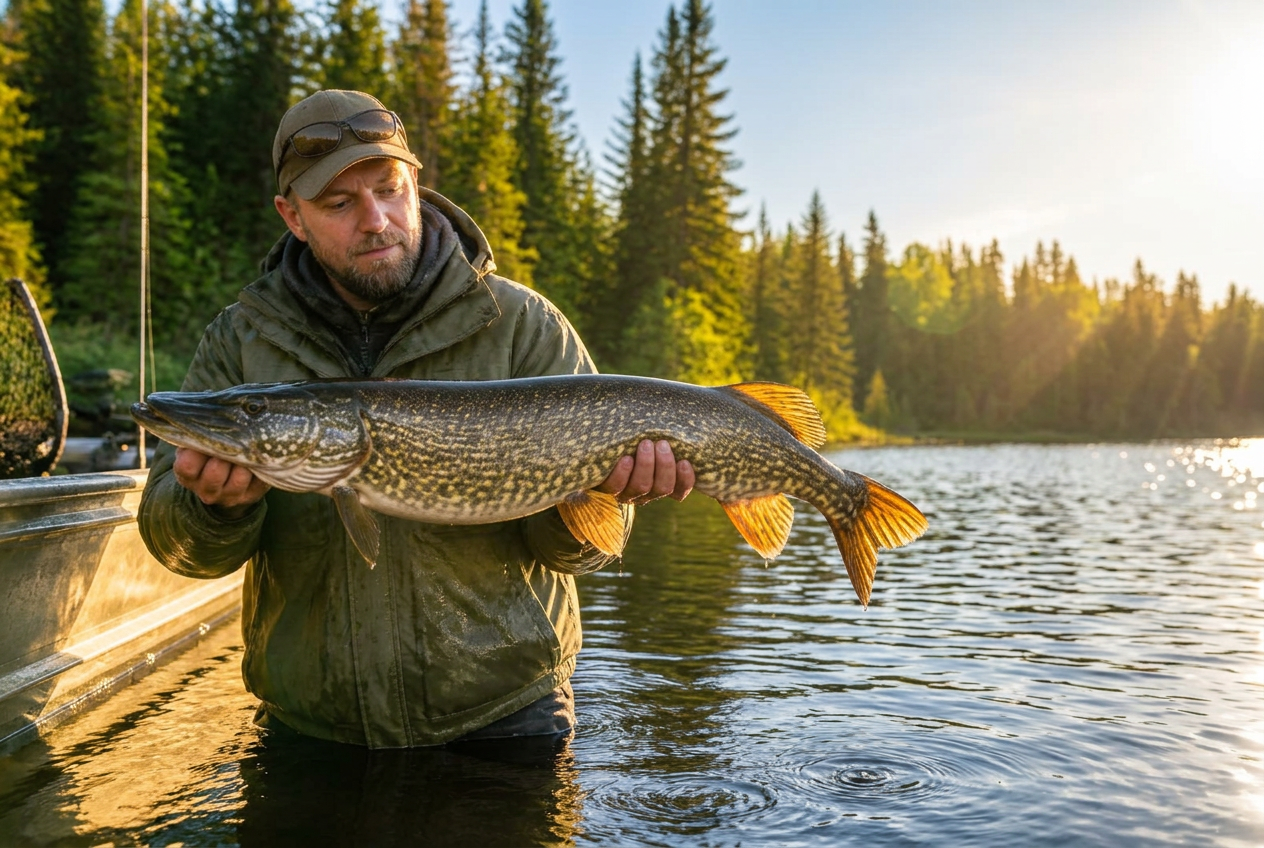 Adult angler holding a large northern pike beside a calm Nordic lake in golden morning sunlight