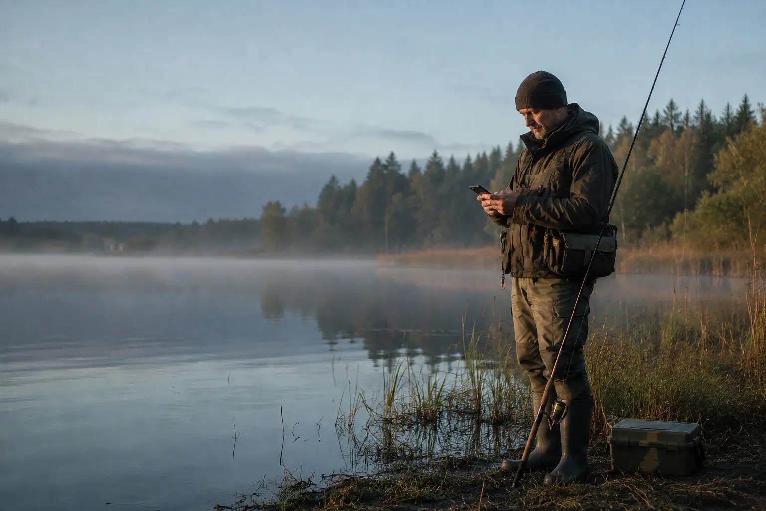 Angler checking permit details on his phone beside a calm Nordic lake