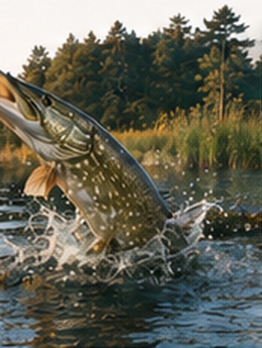 A pike breaking the surface on a calm reed-lined shoreline
