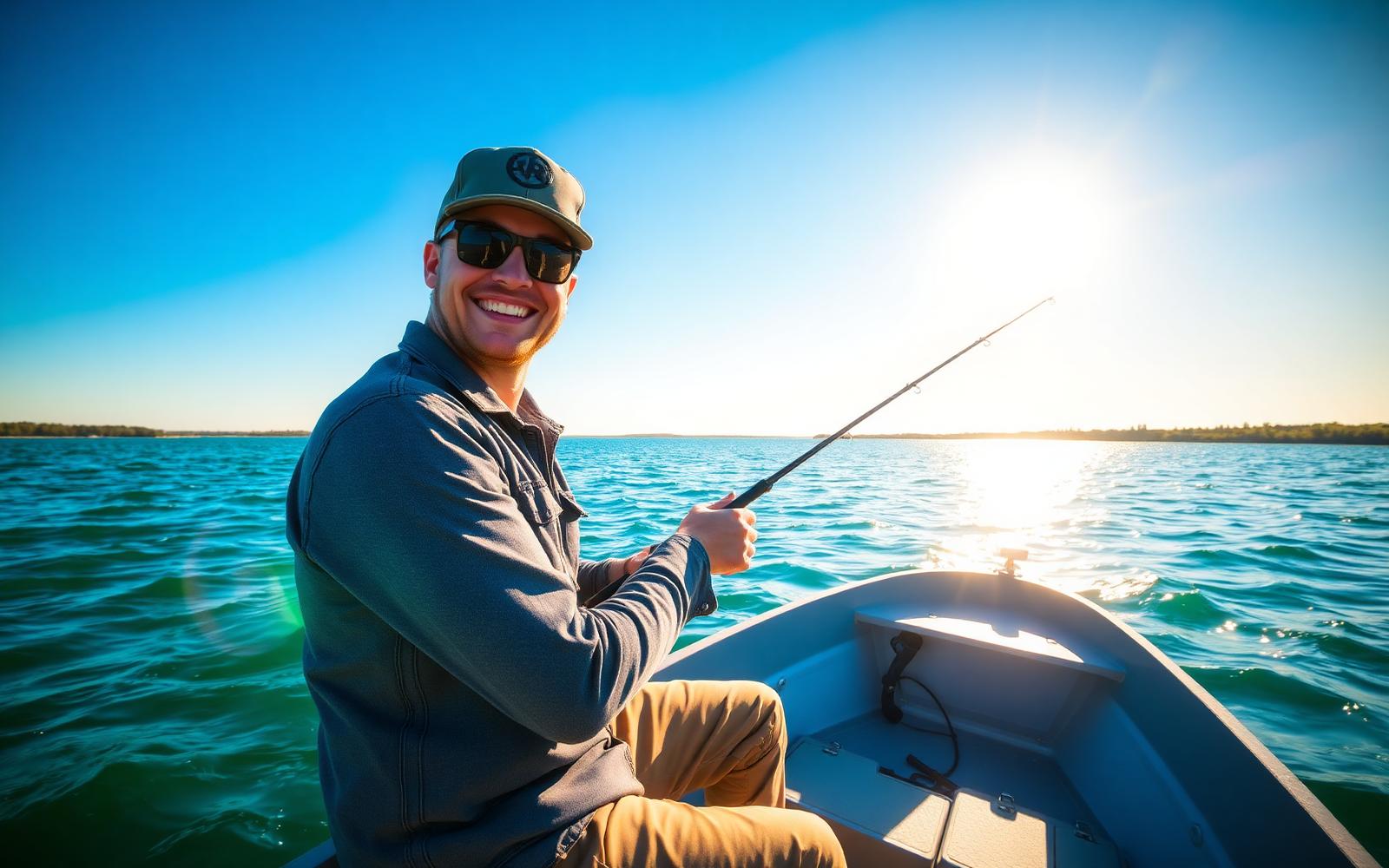 Smiling angler holding a spinning rod on a sunlit blue lake