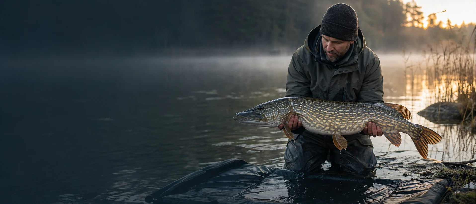 Angler responsibly supporting a northern pike beside a Nordic lake
