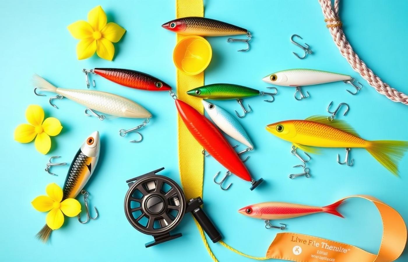 Neatly arranged fishing tackle in warm daylight