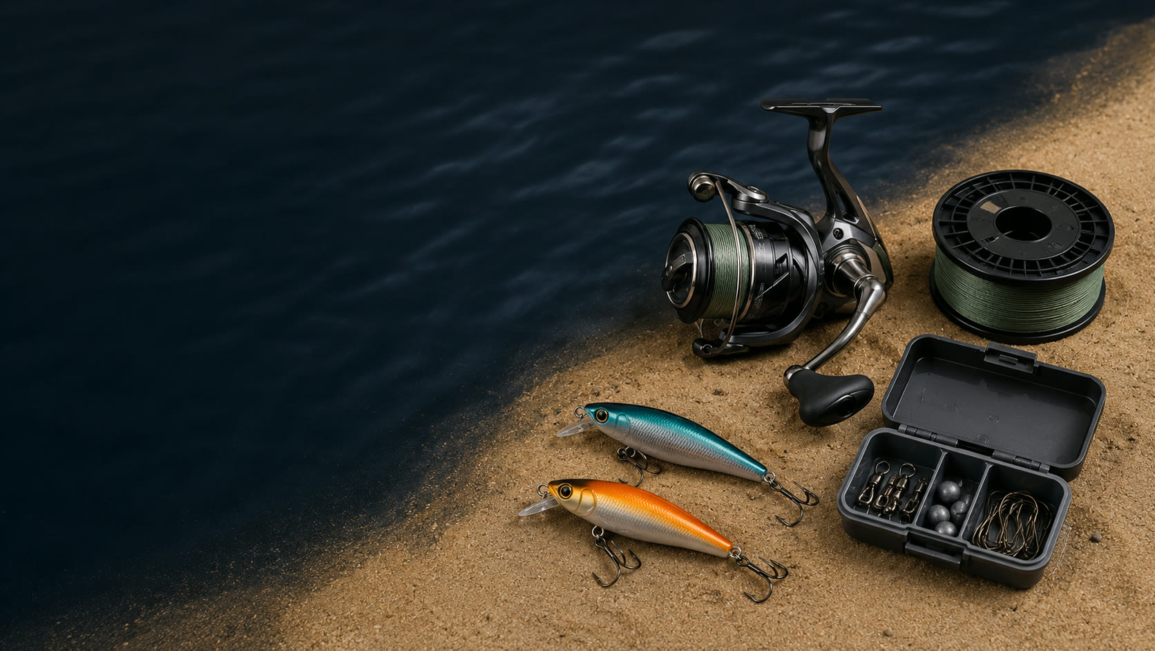 Fishing tackle laid out on a Nordic shoreline