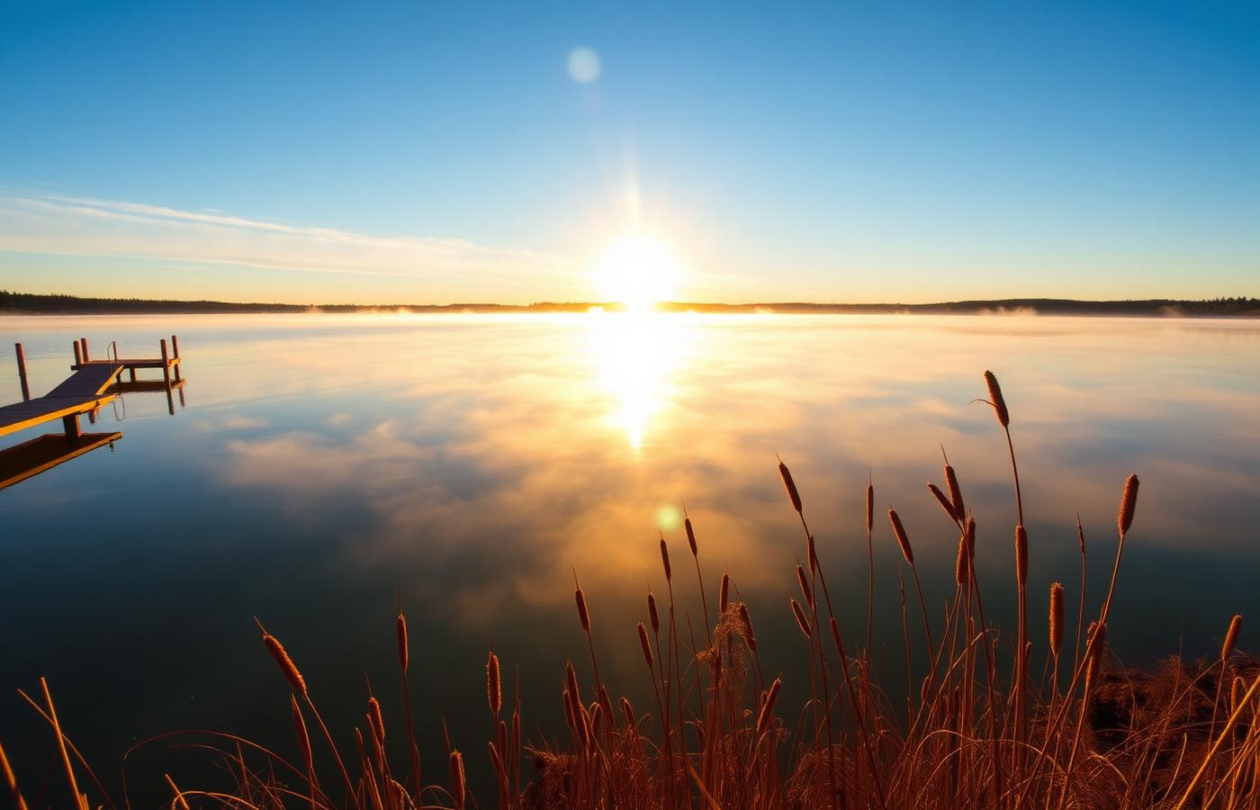 Calm lake at sunrise with mist over the shoreline