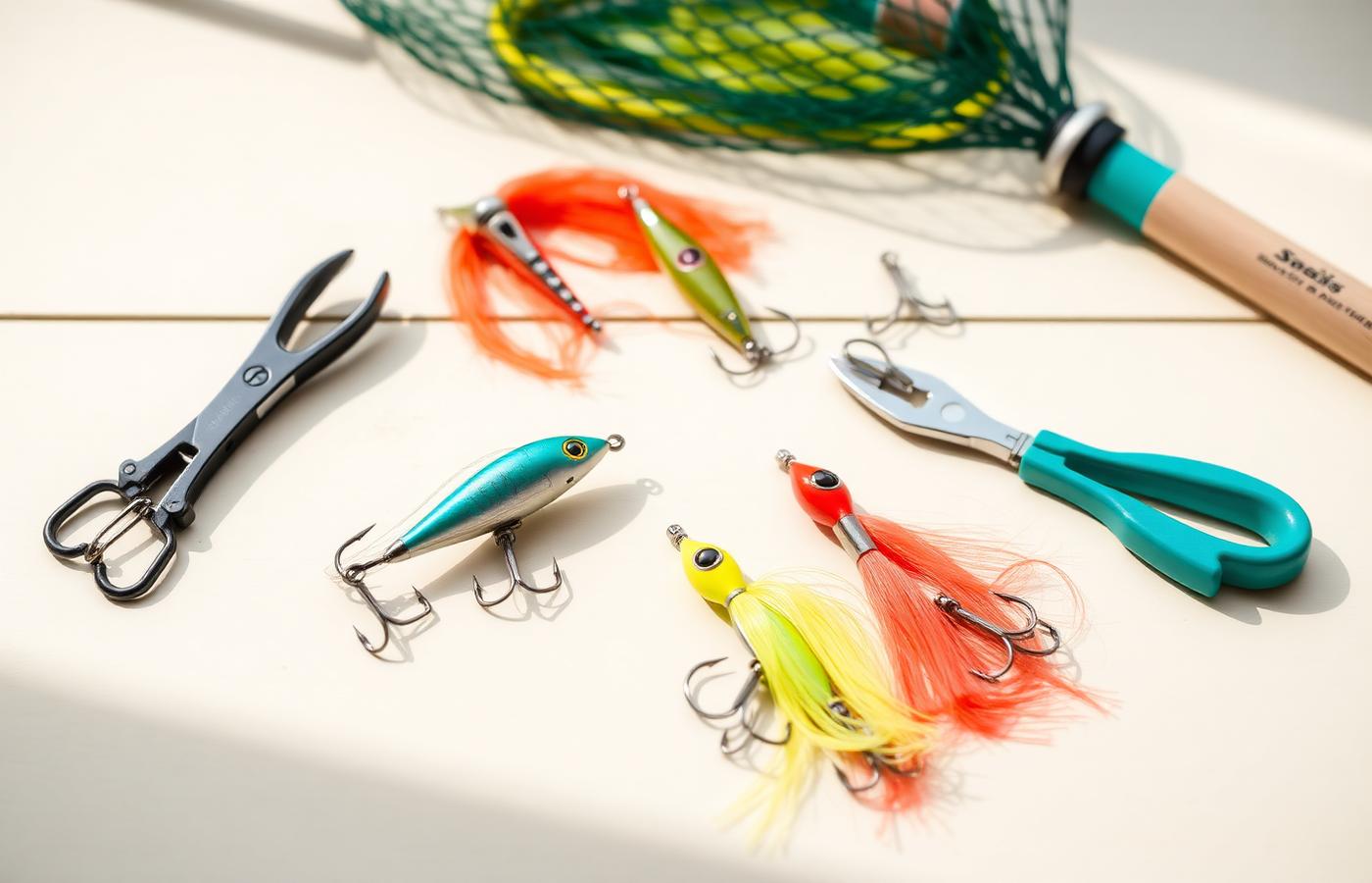 Rods, reels and lures laid out on a wooden bench
